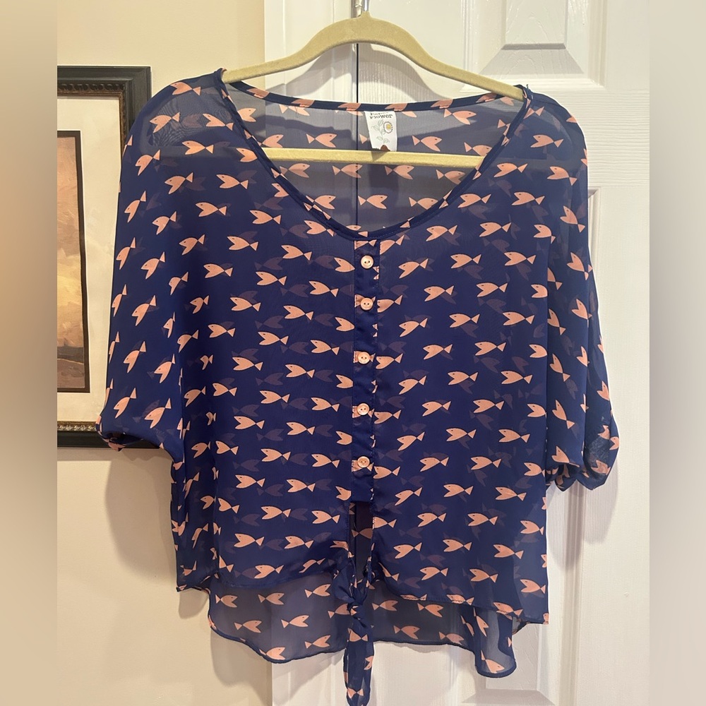 Sheer Navy Blue and Pink Fish Patterned Women's Top